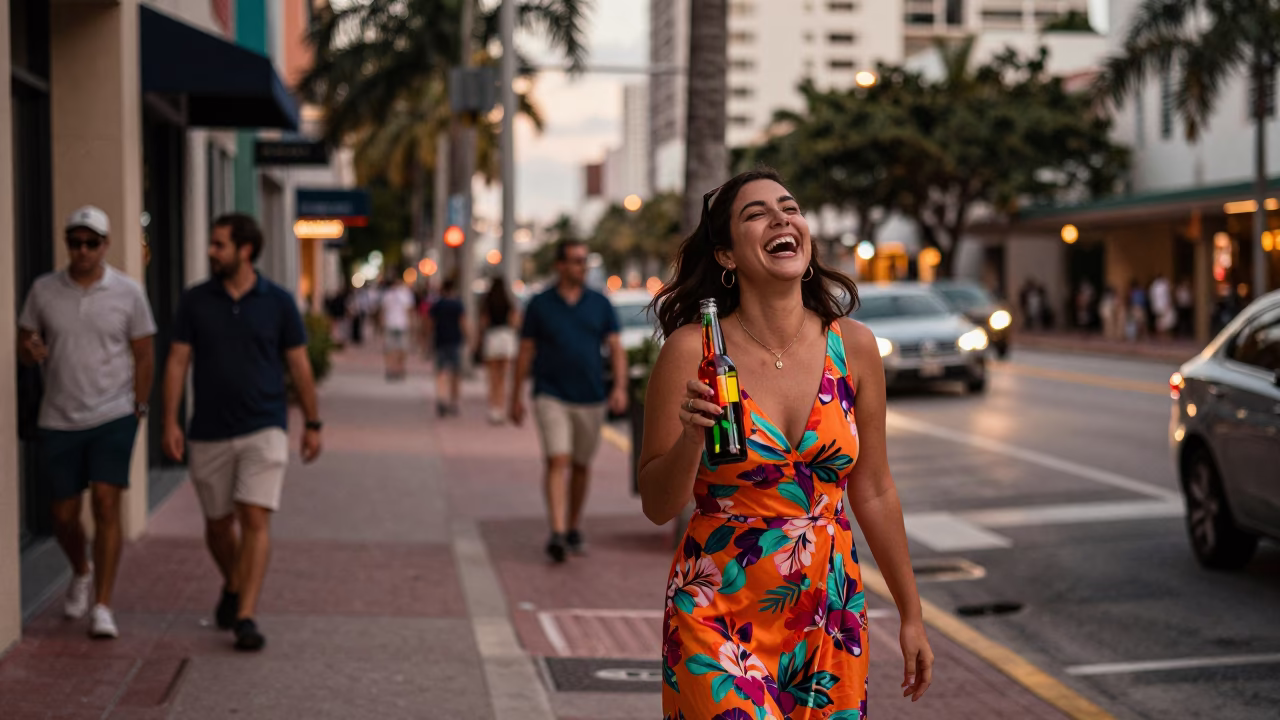 Miami Florida Dusk Street Scene with Colorful Glass Bottle and Urban Life in in Miami, Florida, United States