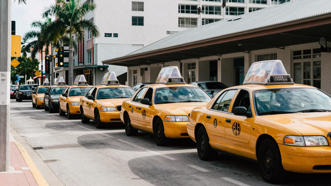 Miami Florida Early Afternoon Street Scene with Taxi Rank Outside Train Station in in Miami, Florida, United States