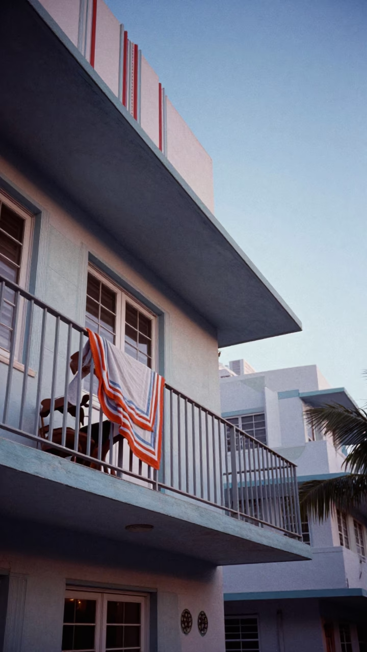 Miami Florida Early Evening Art Deco Balcony with Vintage Majolica Plate and Scarf Detail in in Miami, Florida, United States