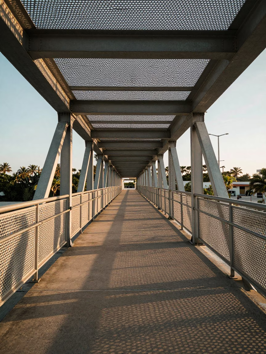 Miami Florida Early Morning Pedestrian Overpass with Perforated Metal and Wet Footsteps in in Miami, Florida, United States