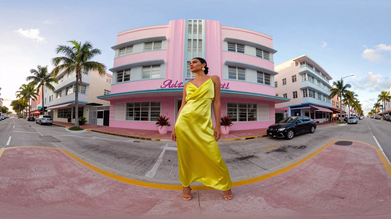 Miami Florida Early Morning Street Scene with Colorful Fashion Model and Vintage Teal Car in in Miami, Florida, United States