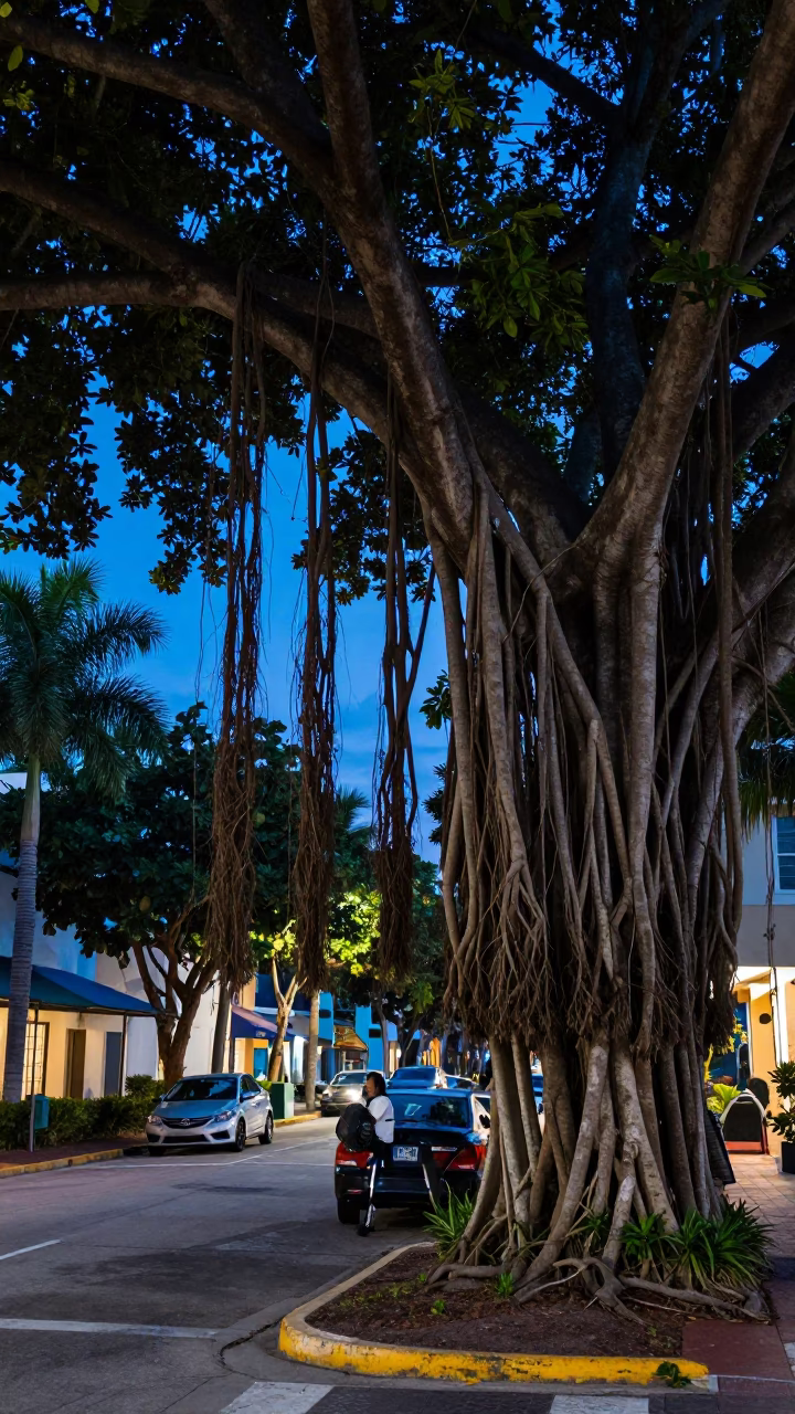 Miami Florida Evening Blue Hour Banyan Grove Street Scene with Power Substation Lattice in in Miami, Florida, United States