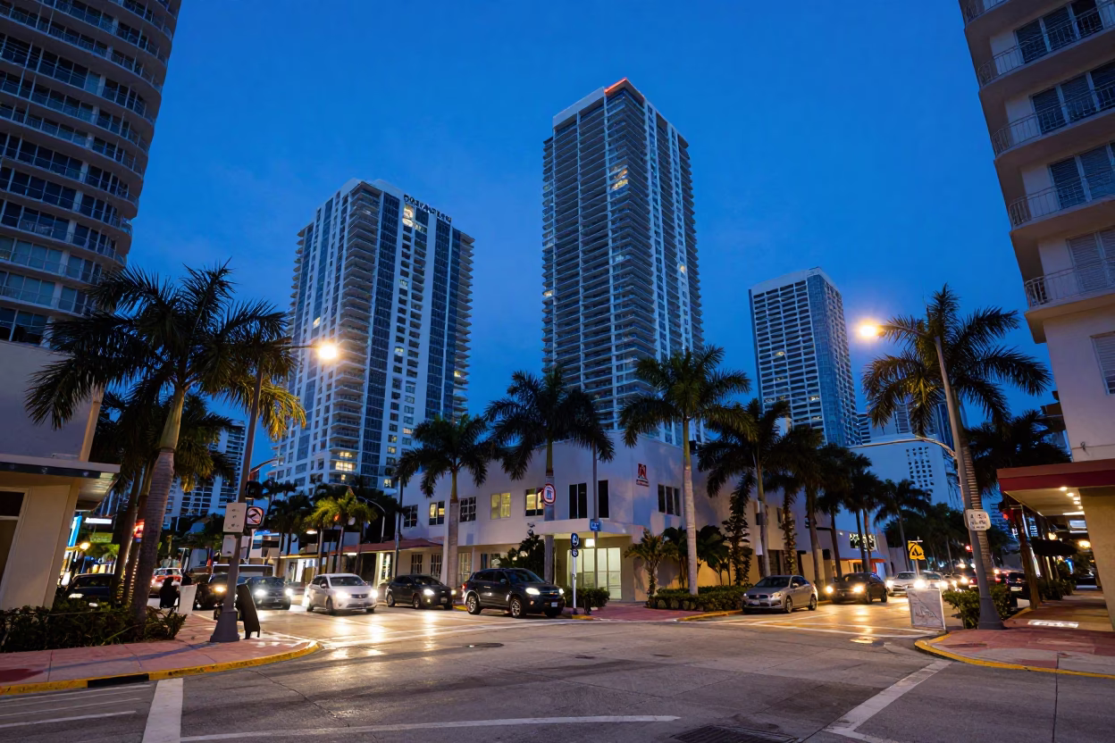 Miami Florida Evening Blue Hour Street Scene with Natural Light in in Miami, Florida, United States