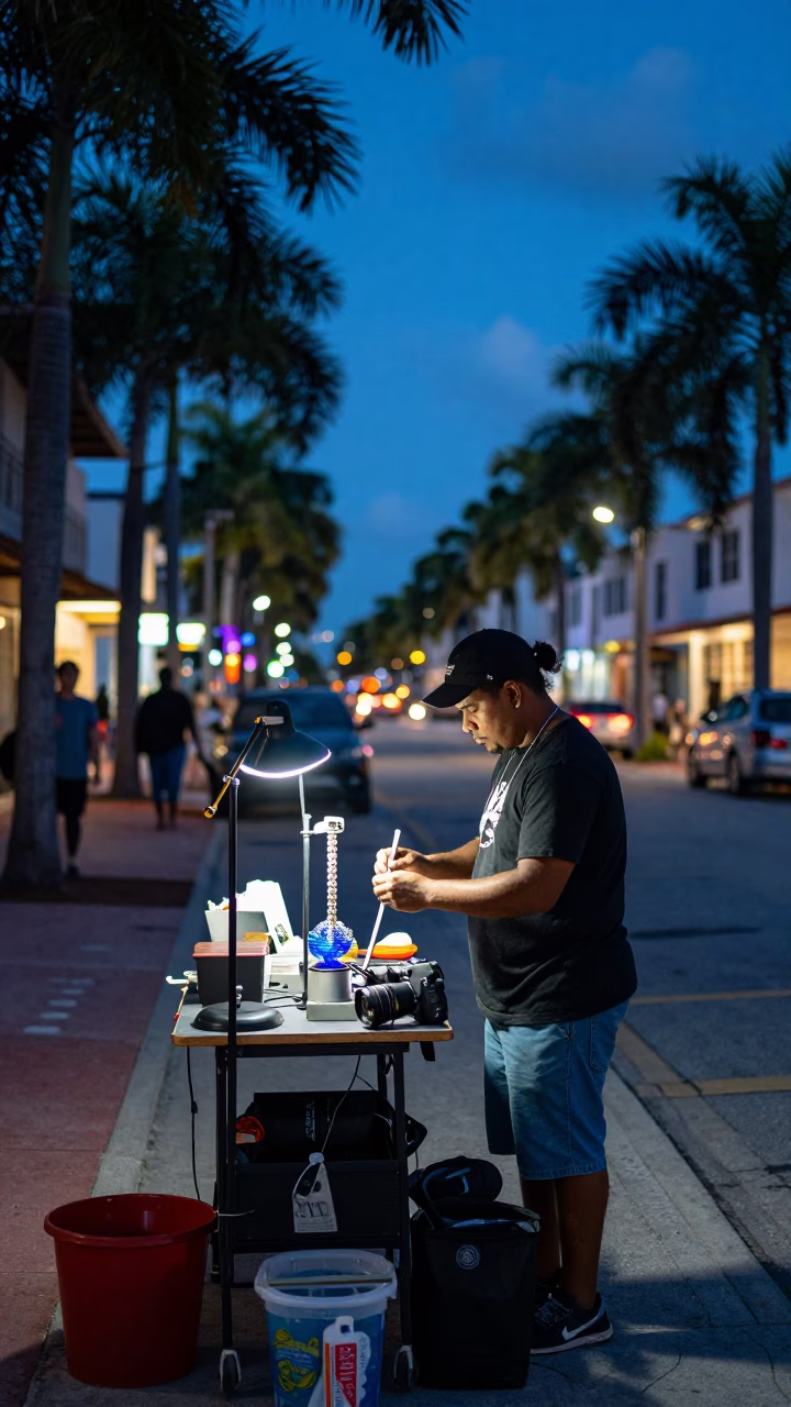 Miami Florida Evening Blue Hour Venetian Glass Bead Maker Working Torch Light in in Miami, Florida, United States