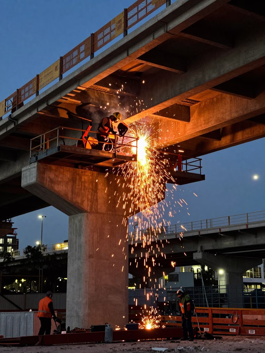 Miami Florida Evening Construction Welding Sparks Under Bridge Viaduct in in Miami, Florida, United States