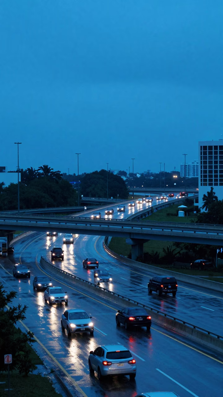 Miami Florida Evening Overpass Interchange Glowing Taillights After Rain Blue Light in in Miami, Florida, United States