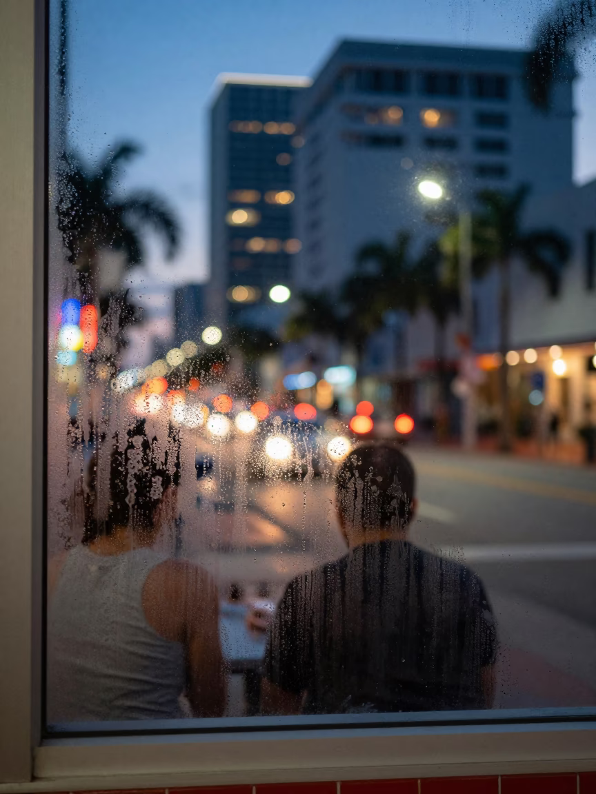 Miami Florida Evening Street Scene With Condensation On Window Glass And City Lights in in Miami, Florida, United States