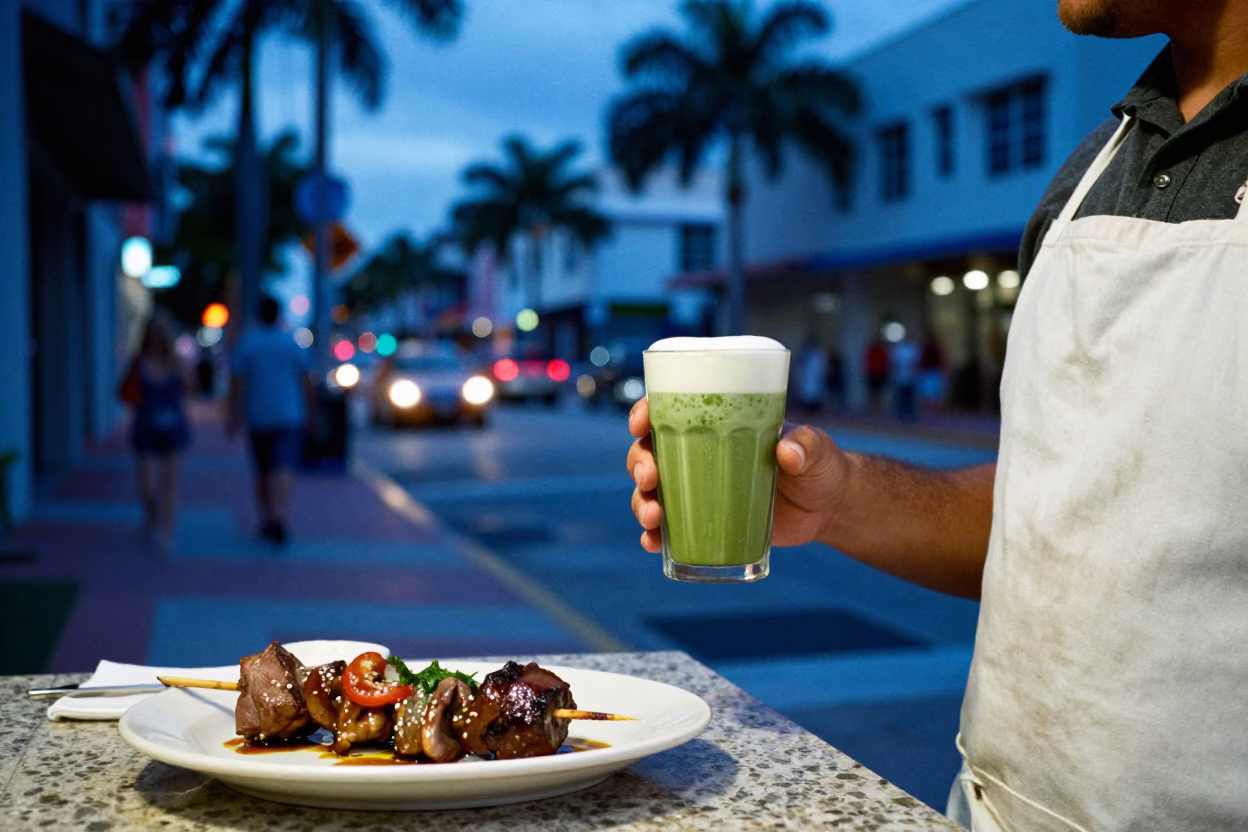 Miami Florida Evening Street Scene with Matcha Latte and Anticuchos in in Miami, Florida, United States