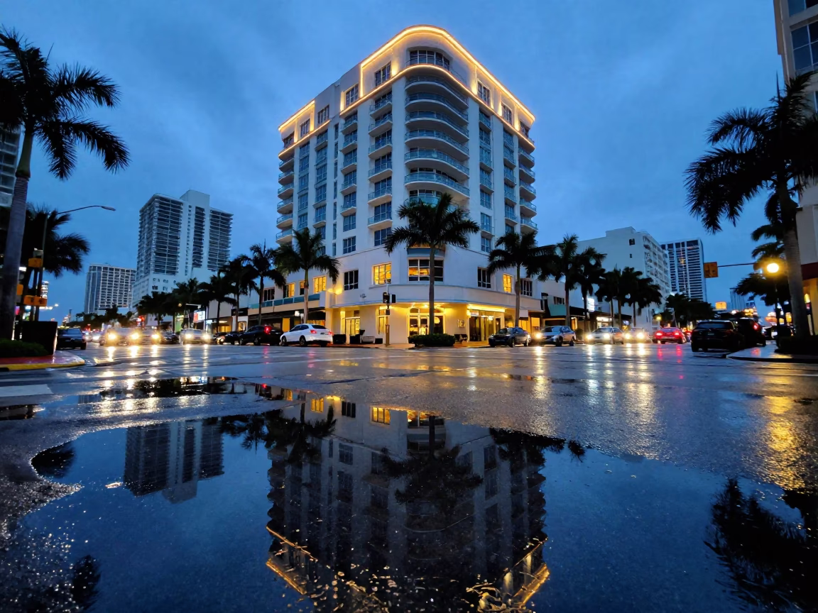 Miami Florida Evening Street Scene with Puddle Reflections of Hotel Windows and Tail Lights in in Miami, Florida, United States