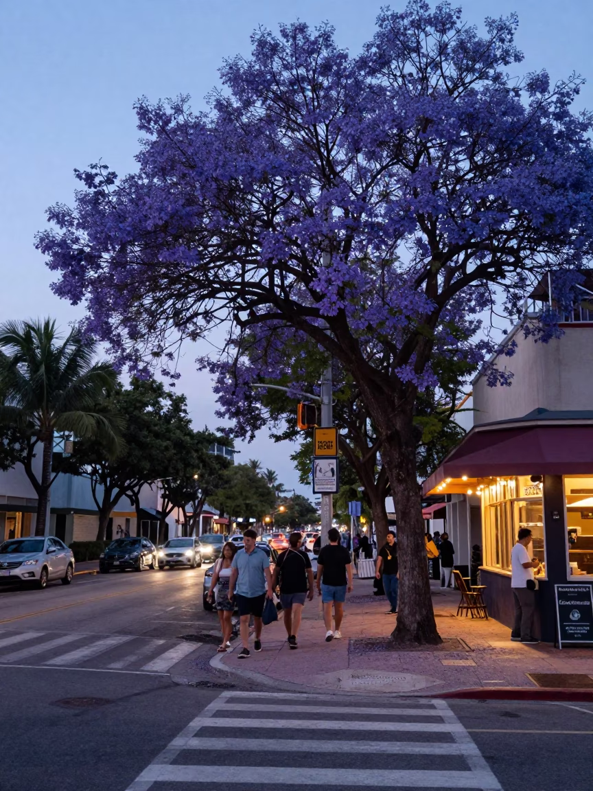 Miami Florida Evening Street Scene with Purple Jacaranda Bloom and Local Activity in in Miami, Florida, United States