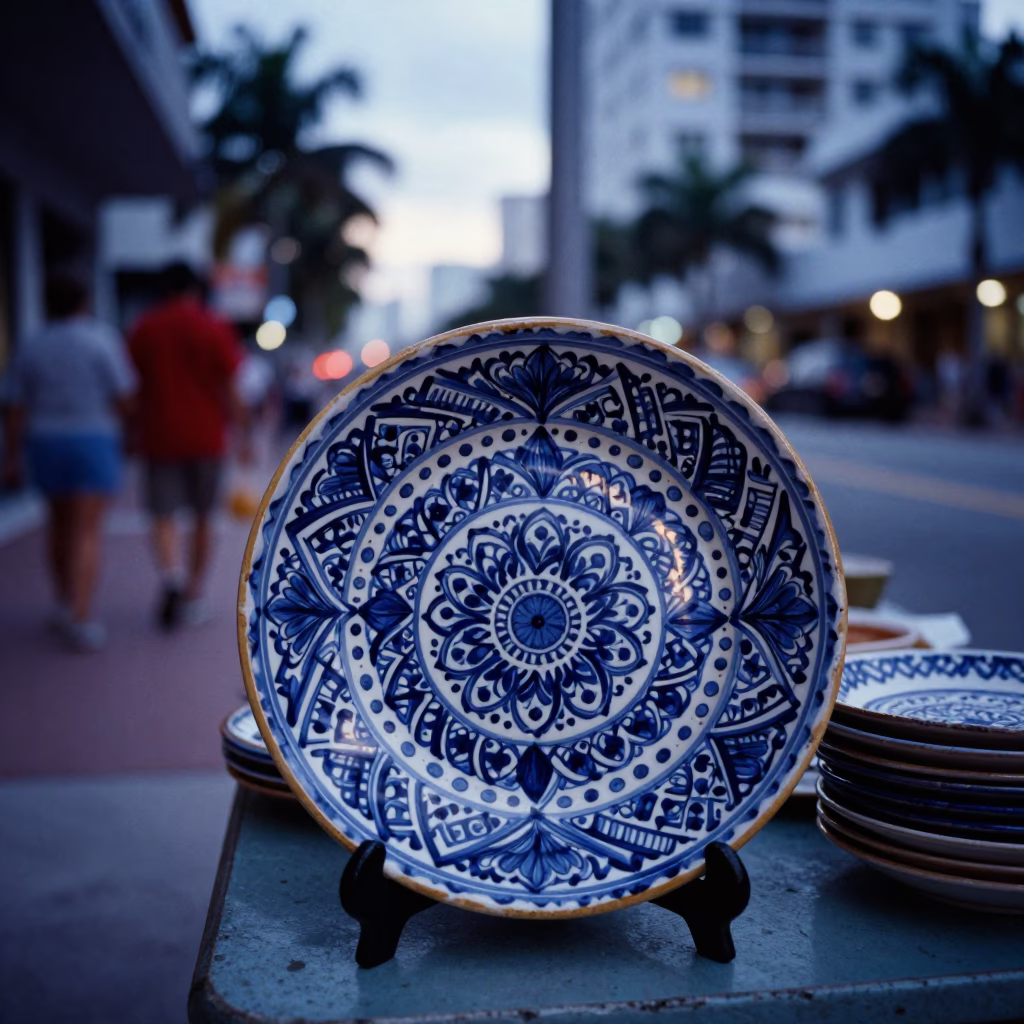 Miami Florida Evening Street Scene with Vintage Majolica Plate and Coffee Cupper in in Miami, Florida, United States