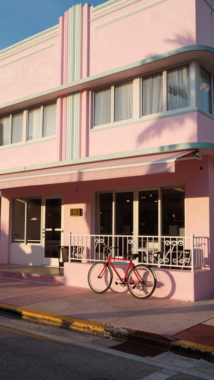 Miami Florida First Light Bicycle Leaning Against Art Deco Cafe Exterior Street Scene in in Miami, Florida, United States
