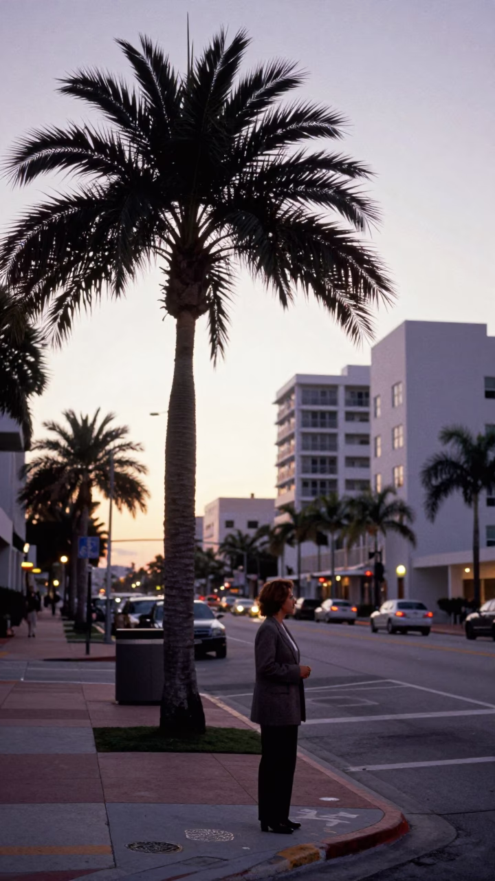 Miami Florida First Light Dawn Street Scene with Palm Trees and Urban Life in in Miami, Florida, United States