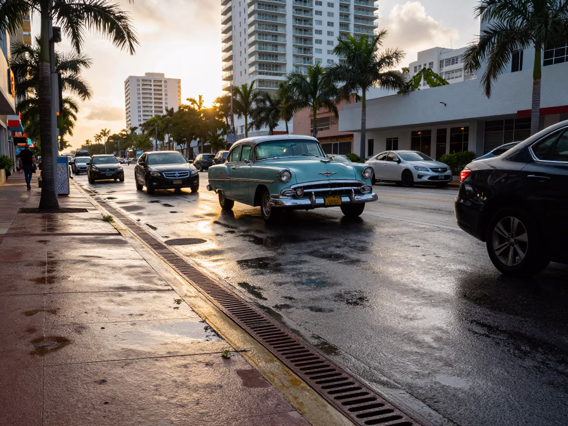 Miami Florida First Light Street Scene with Rust Drain and Ceramic Bowl in in Miami, Florida, United States