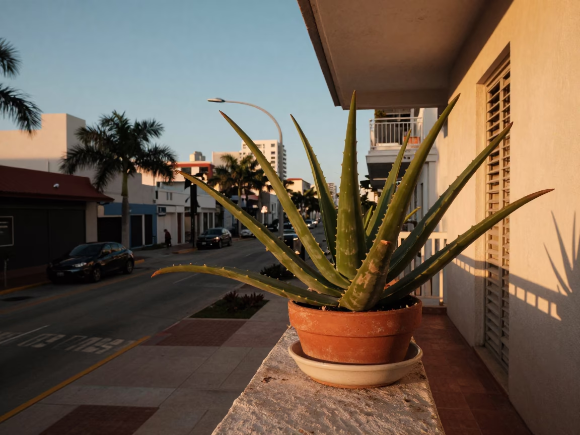 Miami Florida Golden Hour Street Scene with Aloe Vera Plant and Urban Details in in Miami, Florida, United States