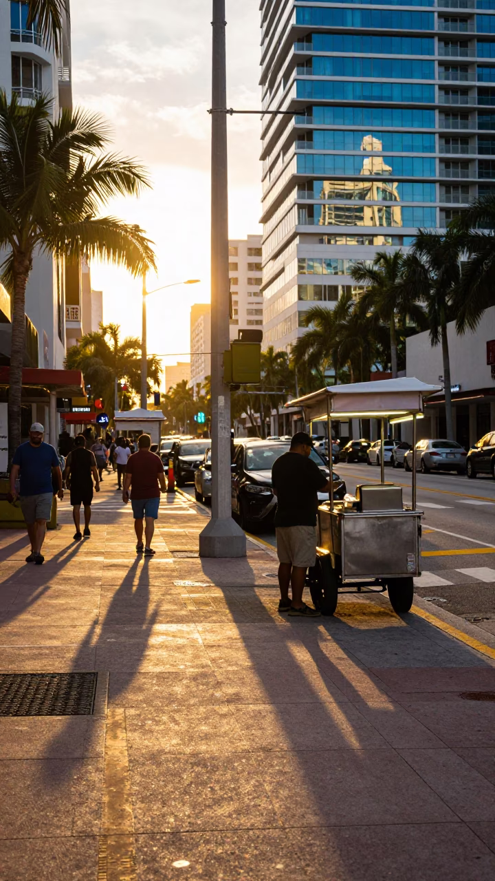 Miami Florida Golden Hour Street Scene with Local Details and Urban Reflections in in Miami, Florida, United States