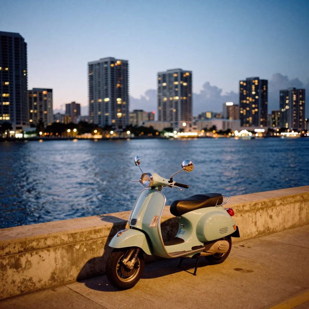 Miami Florida Harbor Promenade Evening Scooter and City Lights in in Miami, Florida, United States