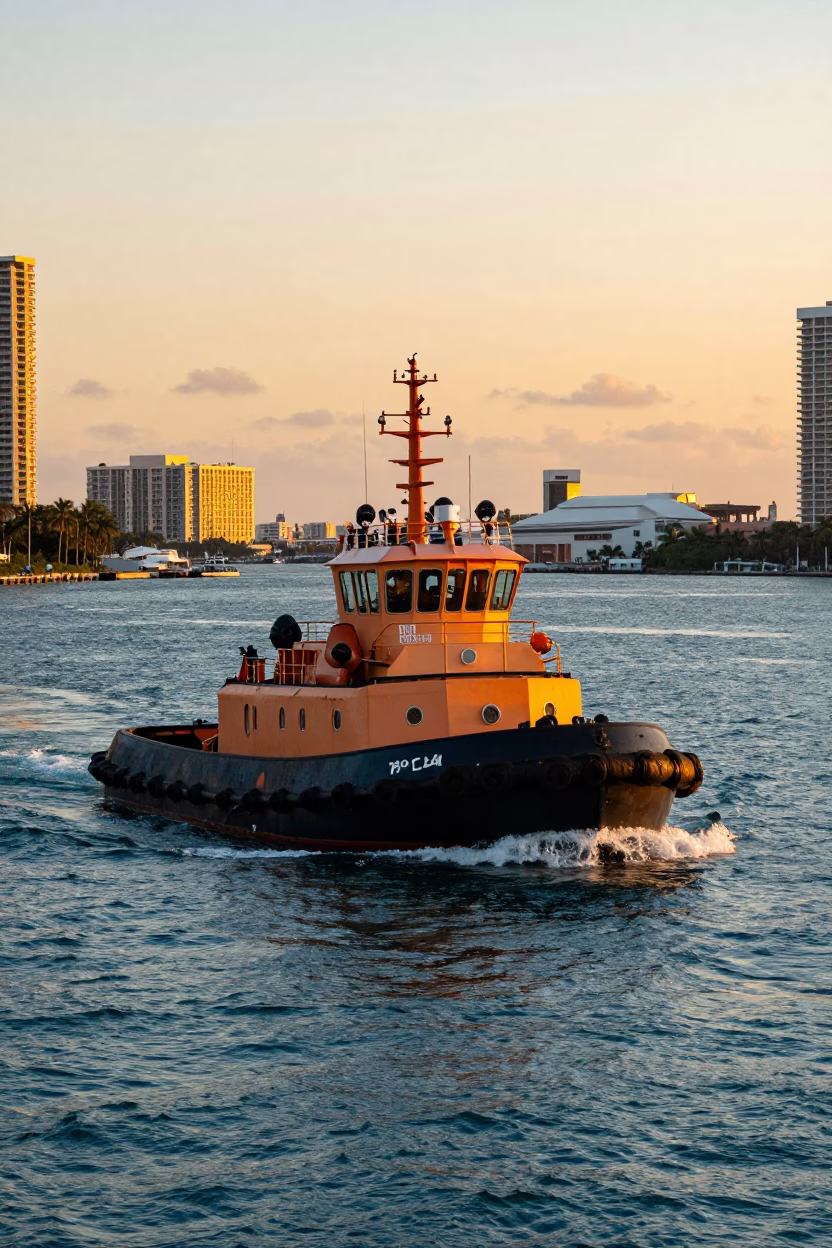 Miami Florida Harbor Tugboat Navigating Busy Waterway in Honeyed Evening Light in in Miami, Florida, United States