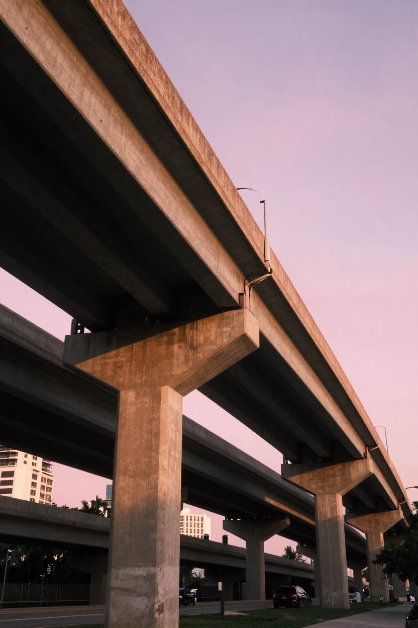 Miami Florida Highway Flyover Stack Against Pink Evening Sky Late Afternoon in in Miami, Florida, United States