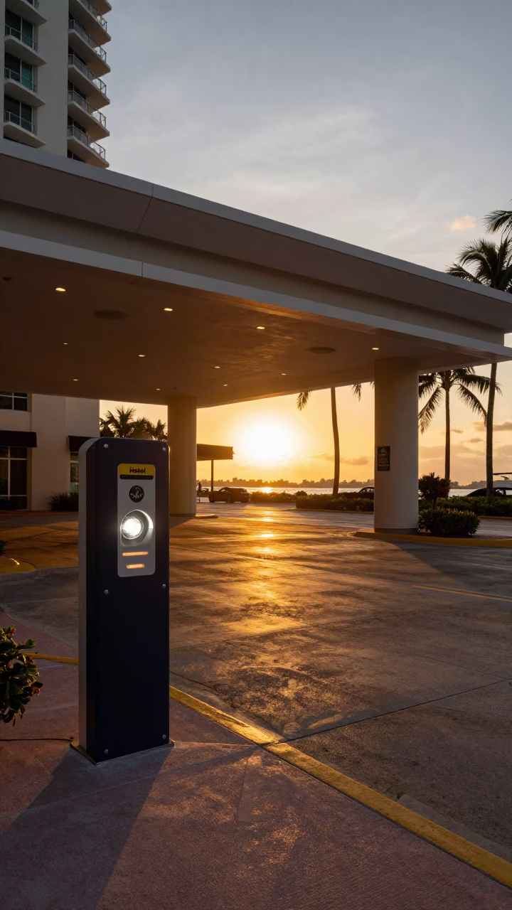 Miami Florida Hotel Valet Stand Headlight Streaks Sunset Ambiance in in Miami, Florida, United States