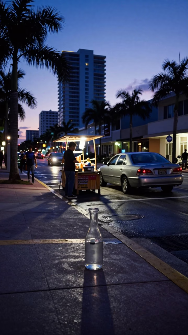 Miami Florida Indigo Twilight Street Scene with Glass Carafe and Heirloom Key in in Miami, Florida, United States