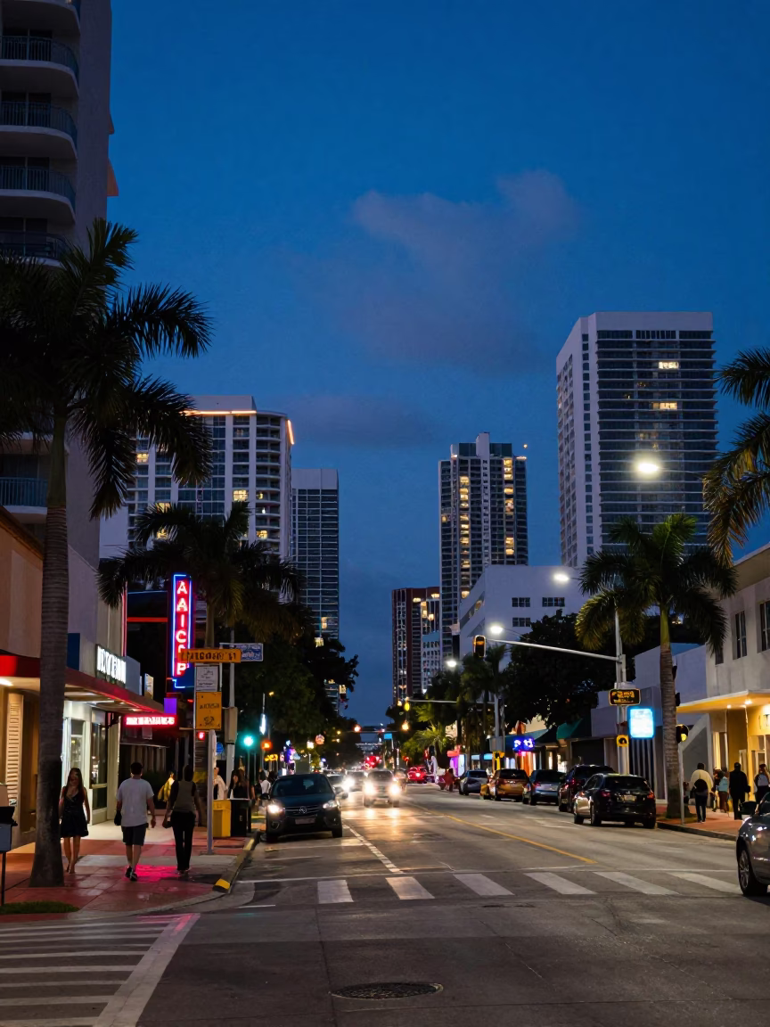 Miami Florida Indigo Twilight Street Scene with Neon Signs and Vintage Cars in in Miami, Florida, United States