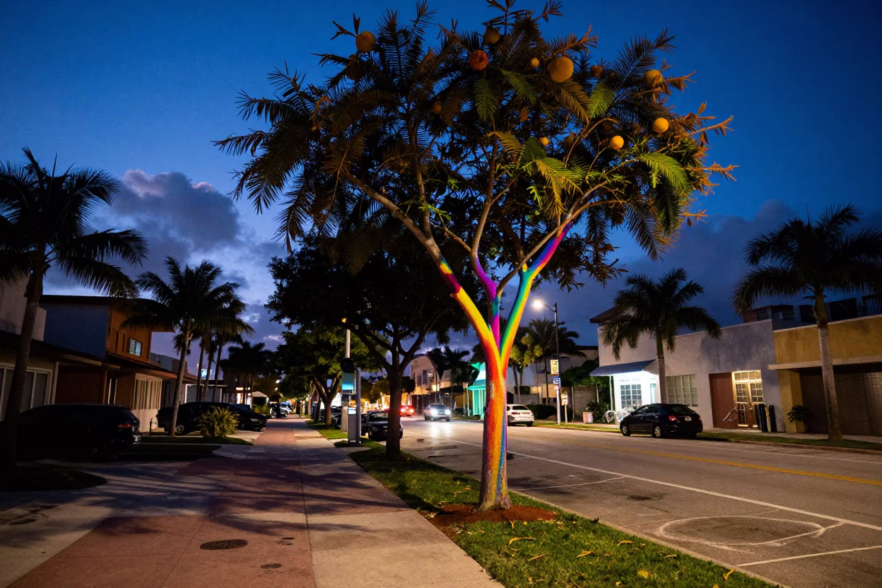 Miami Florida Indigo Twilight Street Scene with Rainbow Eucalyptus Trees and Urban Architecture in in Miami, Florida, United States