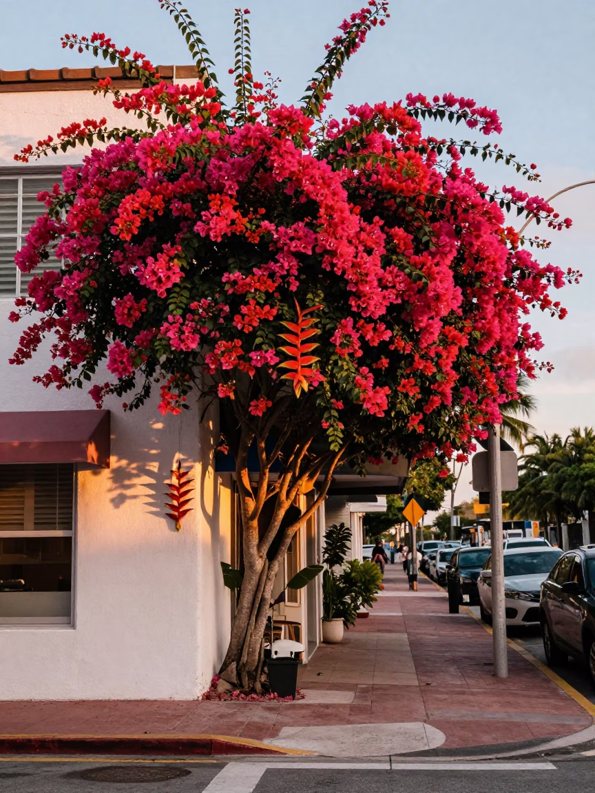 Miami Florida Late Afternoon Street Scene With Bougainvillea and Heliconia Blooms in in Miami, Florida, United States