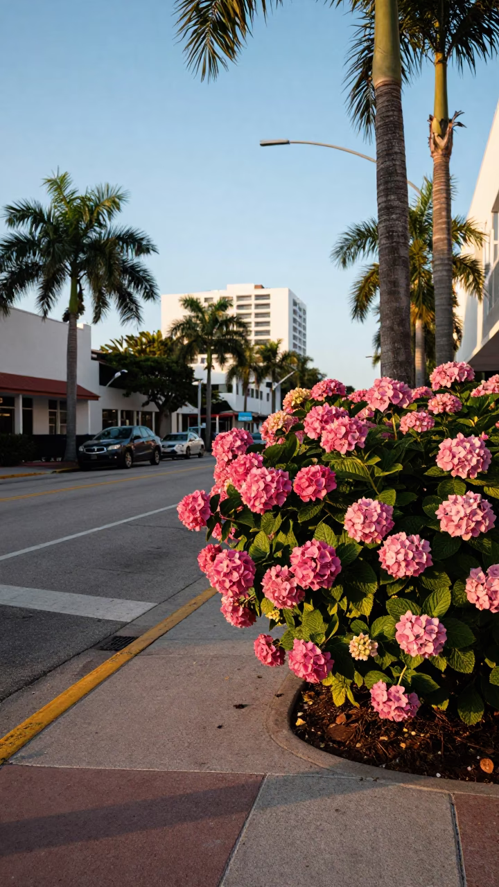 Miami Florida Late Afternoon Street Scene with Hydrangea Bush and Glass Bucket in in Miami, Florida, United States