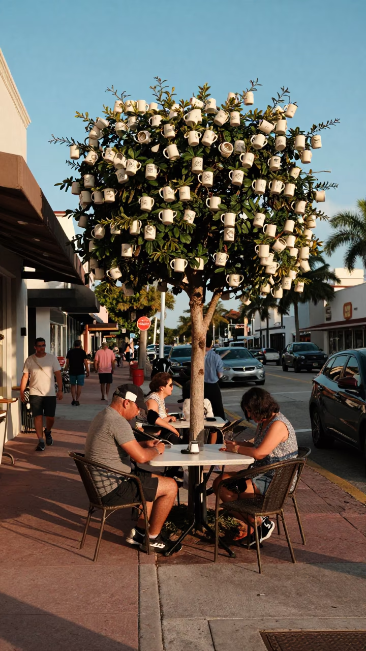 Miami Florida Late Afternoon Street Scene with Mug Tree and Watering Can in in Miami, Florida, United States