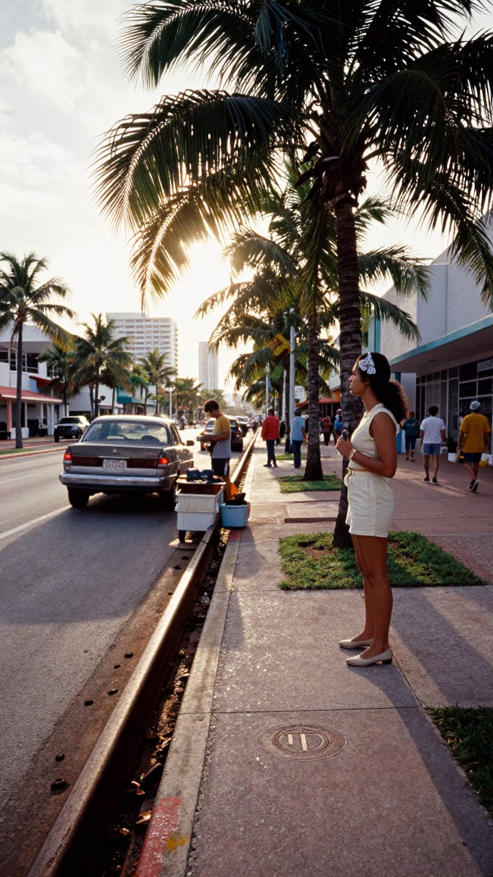 Miami Florida Late Morning Street Scene with Rusty Rail and Local Commerce in in Miami, Florida, United States