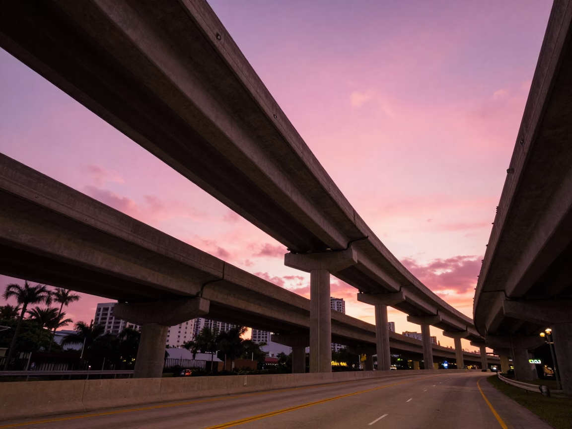 Miami Florida Late Night Highway Flyover Pink Sky Urban Scenic Photography in in Miami, Florida, United States
