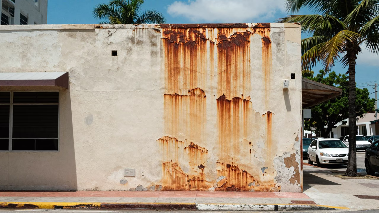 Miami Florida Midday Street Scene with Rust on Plaster Wall and Vintage 1970s Atmosphere in in Miami, Florida, United States