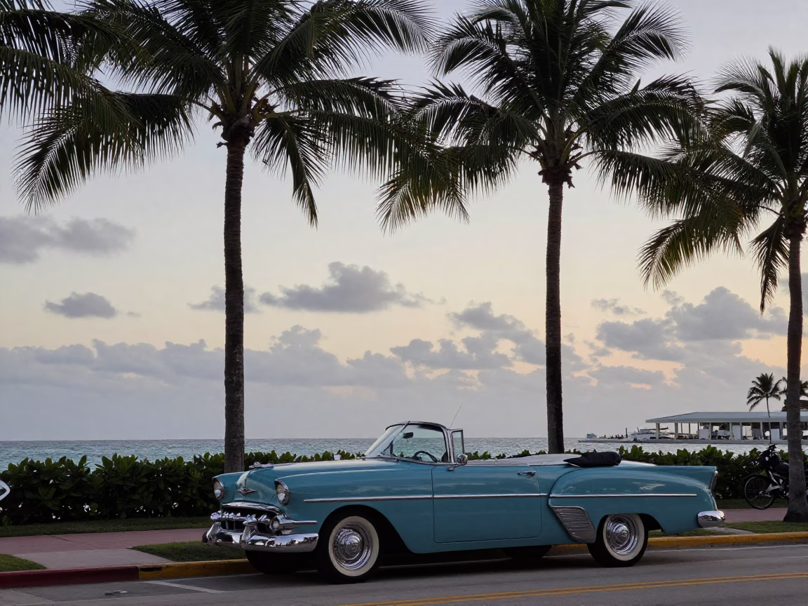 Miami Florida Nautical Dawn Street Scene with Vintage Cars and Palm Trees in in Miami, Florida, United States