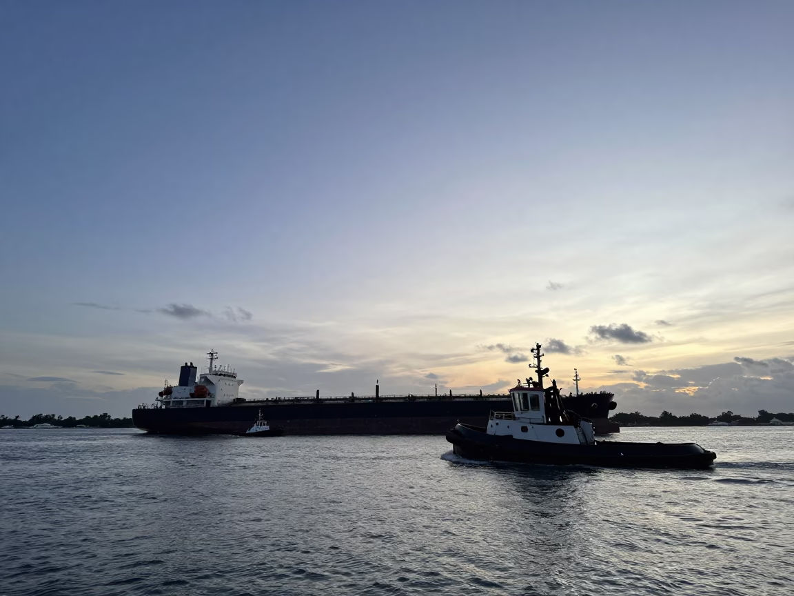 Miami Florida Nautical Dawn Tugboat Fleet Guiding Tanker Ship in Early Morning Harbor in in Miami, Florida, United States