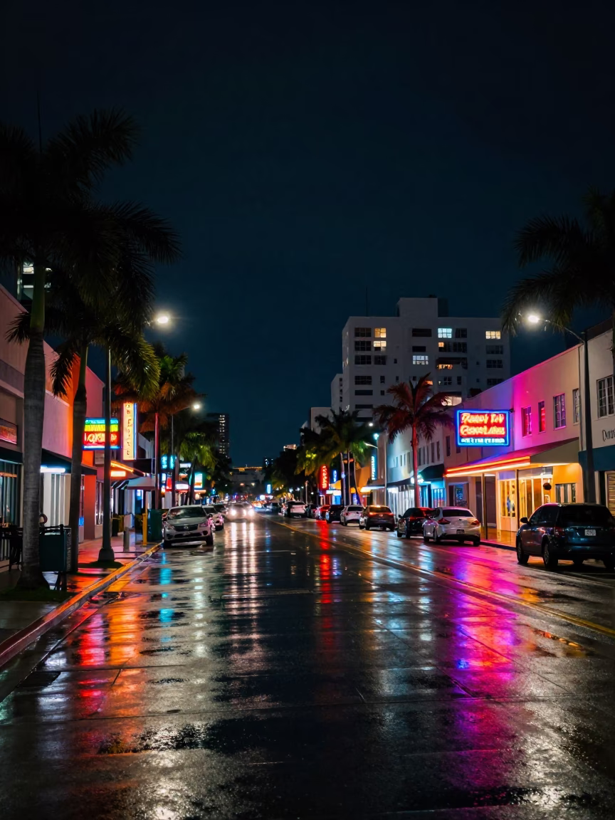 Miami Florida Night Scene with Neon Reflections and Urban Street Elements in in Miami, Florida, United States