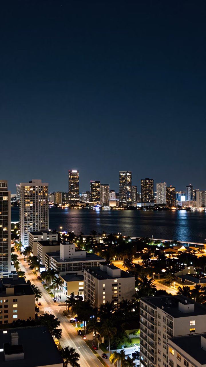 Miami Florida Night Skyline Horizon Shot with Street Details and Urban Elements in in Miami, Florida, United States