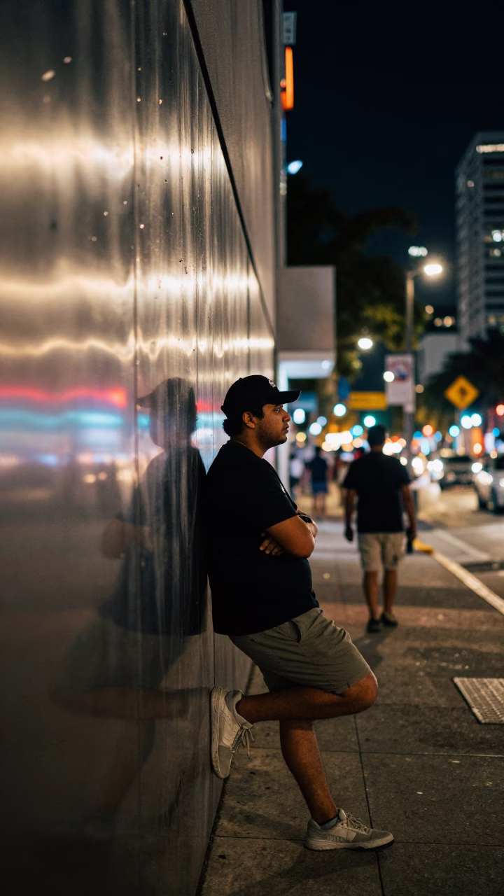 Miami Florida Night Street Scene with Brushed Steel Wall and Key Blank Detail in in Miami, Florida, United States
