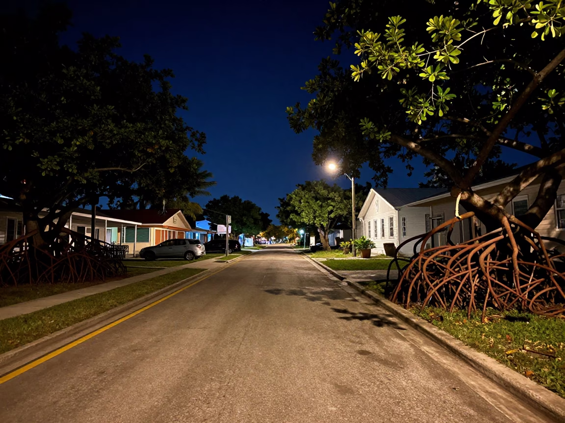 Miami Florida night street scene with mangrove roots and local interaction in in Miami, Florida, United States