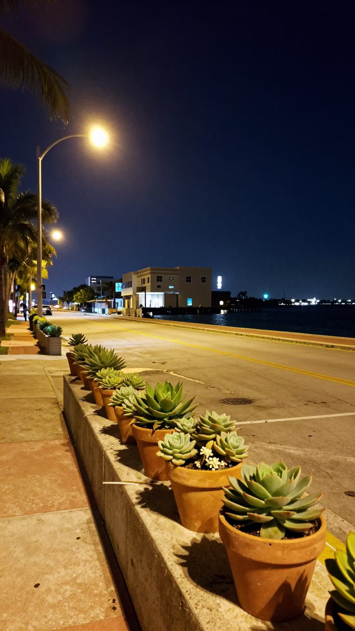 Miami Florida Night Street Scene with Succulents and Tidal Water Reflections in in Miami, Florida, United States