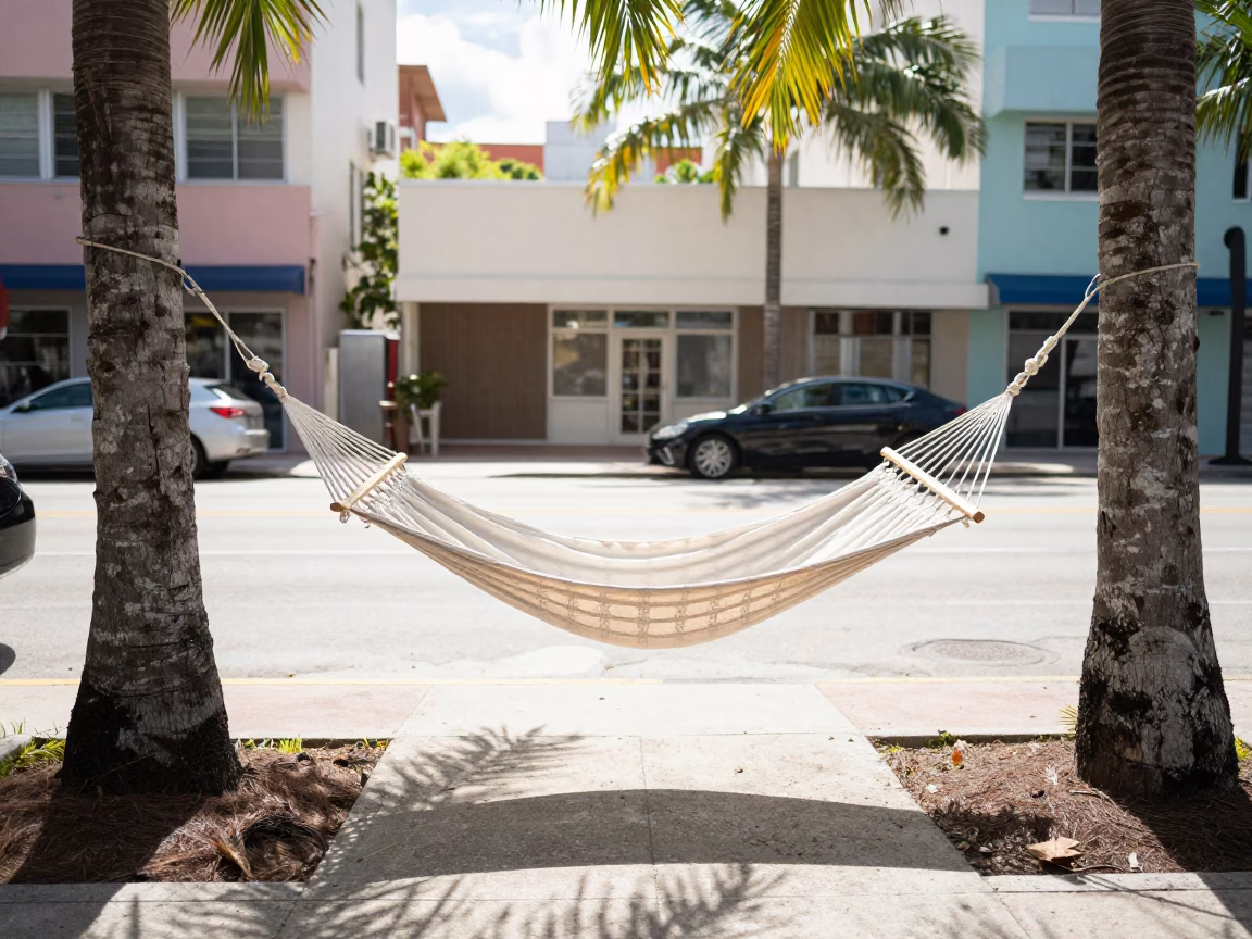 Miami Florida noon glare hammock relaxation urban street scene candid moment in in Miami, Florida, United States