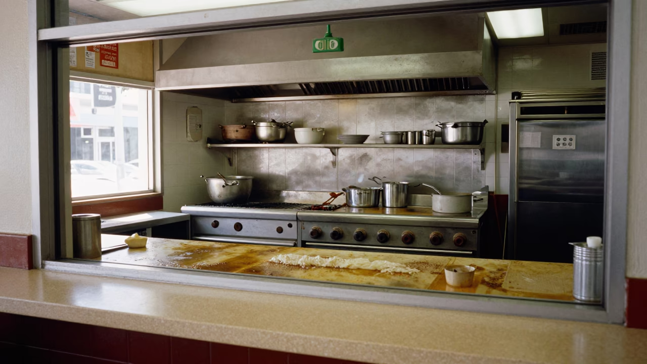 Miami Florida Noon Grease Sheen on Drainboard Behind Busy Restaurant Kitchen Aprons in in Miami, Florida, United States