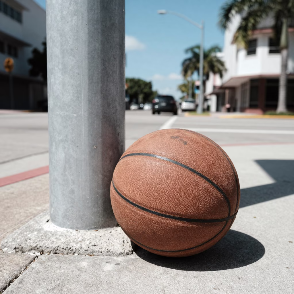 Miami Florida Noon Street Scene with Vintage Leather Basketball and Concrete Haze in in Miami, Florida, United States