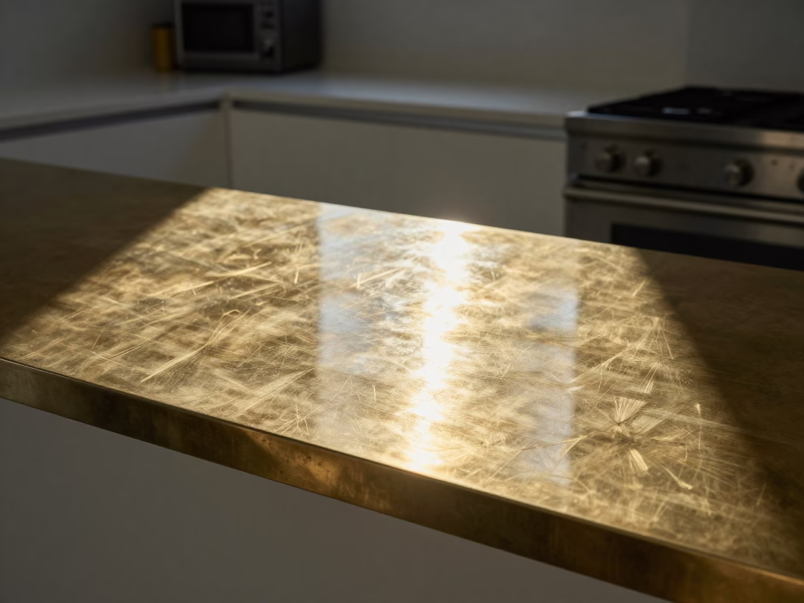 Miami Florida Noon Sunlight Reflections on Polished Brass Countertop in Urban Setting in in Miami, Florida, United States