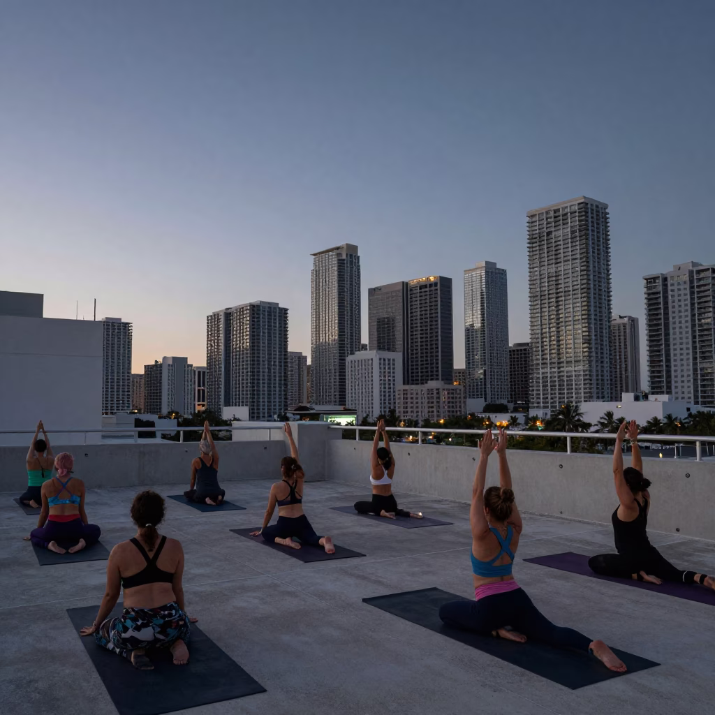 Miami Florida Pre-Dawn Rooftop Yoga Session with City Skyline Views in in Miami, Florida, United States