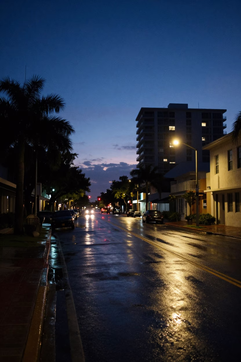 Miami Florida Predawn City Lights and Wet Asphalt Street Scene in in Miami, Florida, United States