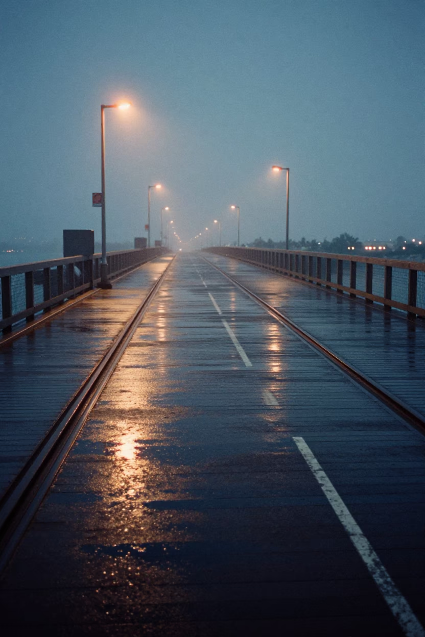 Miami Florida Predawn Harbor Drizzle on Drawbridge Deck Markings and Gantry in in Miami, Florida, United States