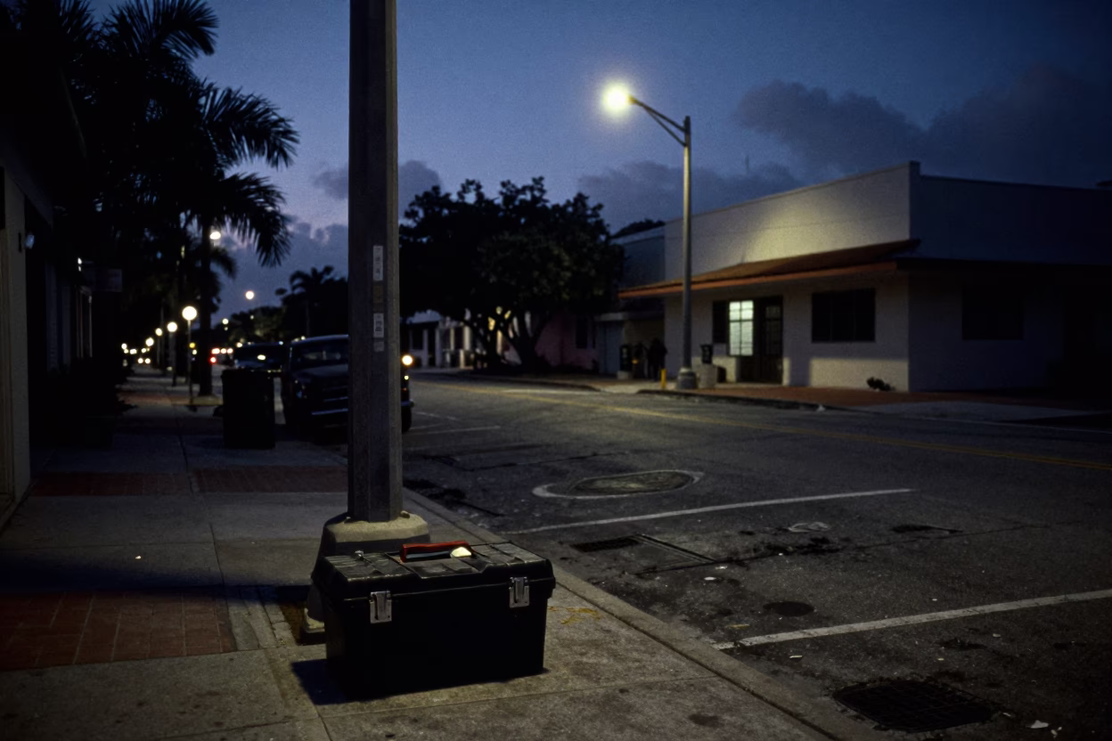 Miami Florida Predawn Street Scene with Toolbox and Nickel Latch Detail in in Miami, Florida, United States
