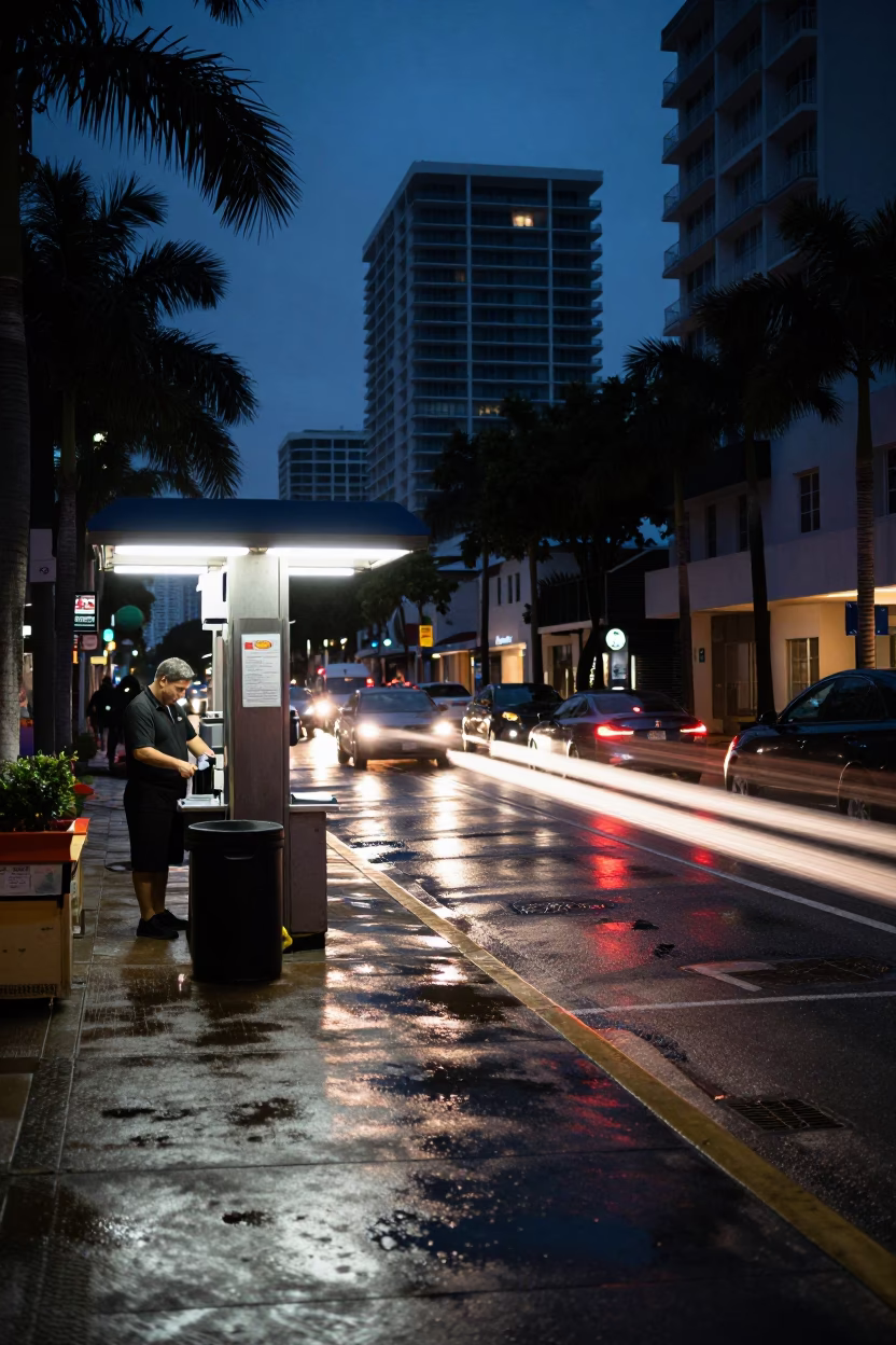 Miami Florida Predawn Valet Stand Hotel Awning Headlight Streaks Street Photography in in Miami, Florida, United States