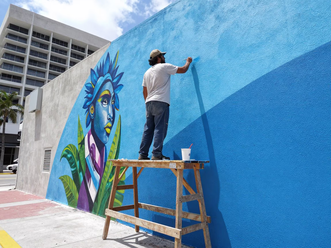 Miami Florida Street Mural Artist Painting Urban Art in Bright Midmorning Light in in Miami, Florida, United States